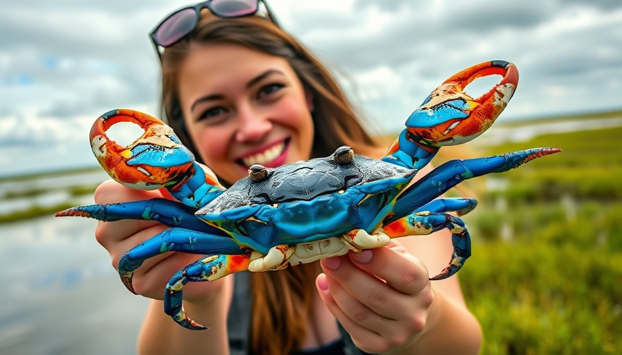 Woman showing Louisiana Blue Crab in marshland, vibrant sky