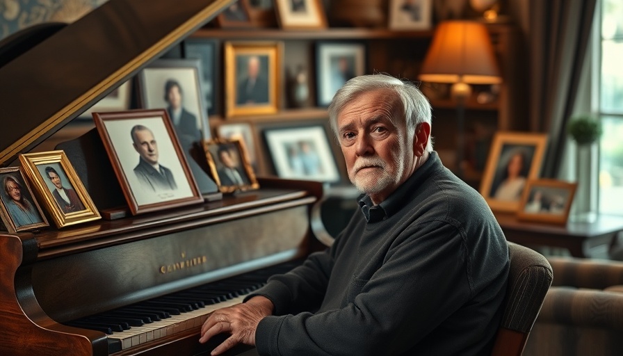 Older man beside piano with family photos, cozy room setting.