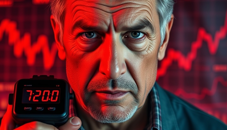 Middle-aged man with stopwatch showing 72 hours, financial graph background.