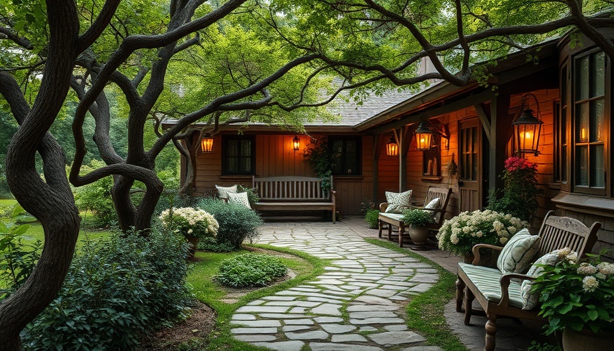 Charming vintage rustic farmhouse decor with lush greenery and stone path
