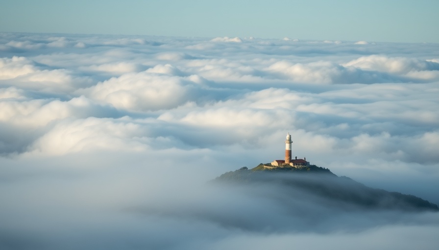 Cinematic roll clouds resembling a tsunami envelop a lighthouse.