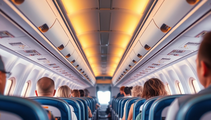 Economy class airplane cabin view with rows of seats, airline seat hack.