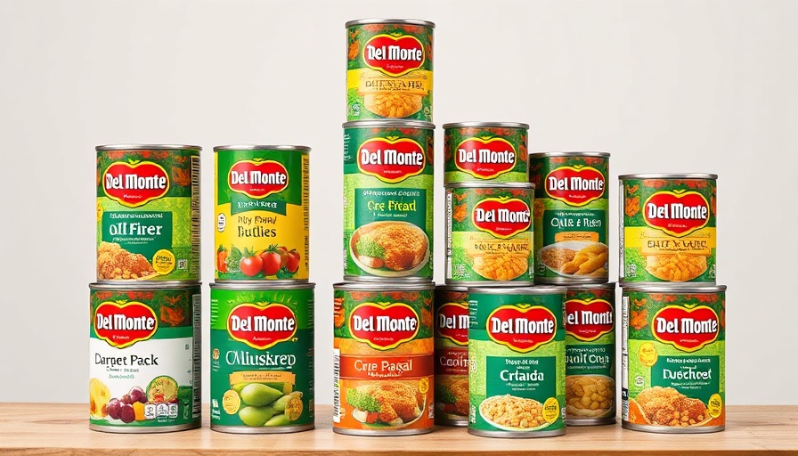Variety of Del Monte canned goods displaying colorful labels.