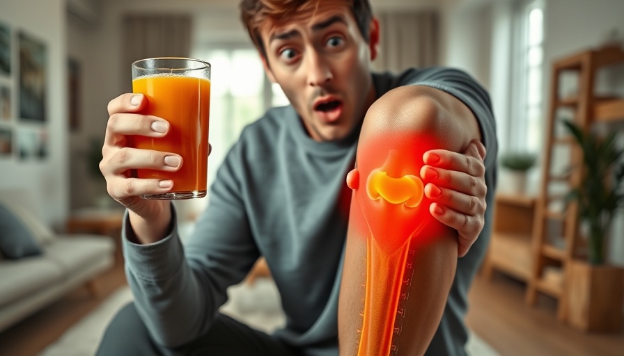 Surprised person with juice suggesting joint pain remedy.