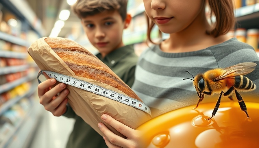 Close-up of bread, tape measure on waist, bee on honey; healthy breads to avoid body fat warnings.