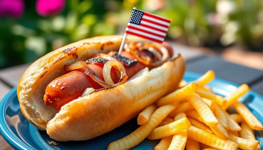 Hot dog with onions and chips on a blue plate, outdoor setting.