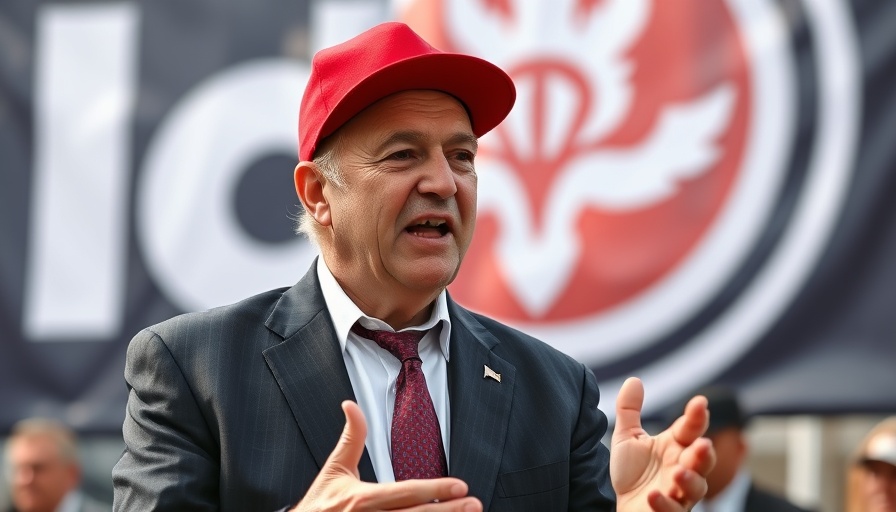 Man in a suit and red hat at outdoor event, gesturing animatedly.