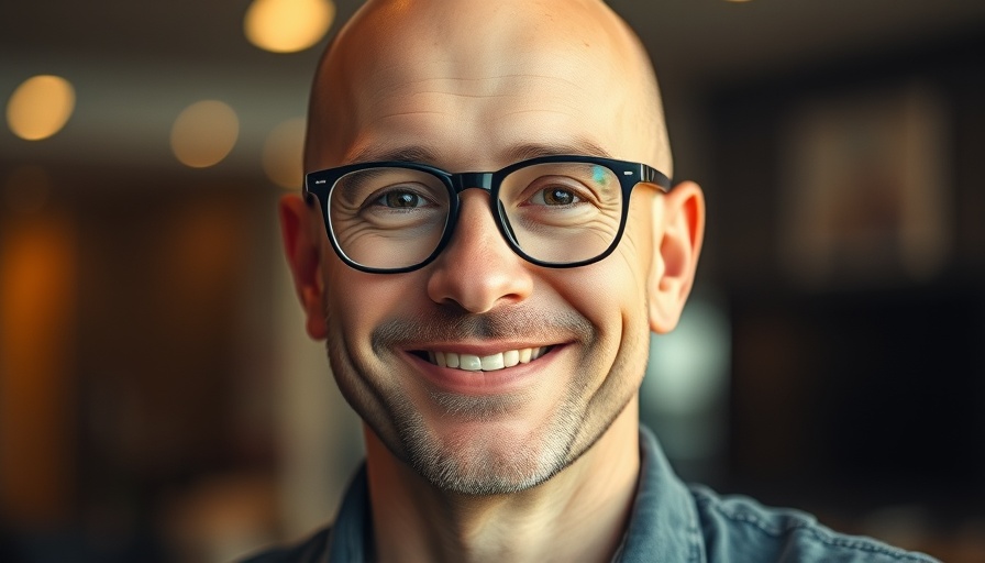 Smiling bald individual discussing Dung-gineering in a blurred indoor setting.