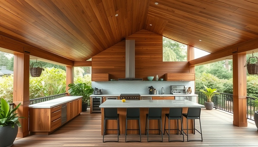 Stylish deck outdoor kitchen designs with sleek countertops and natural wood.