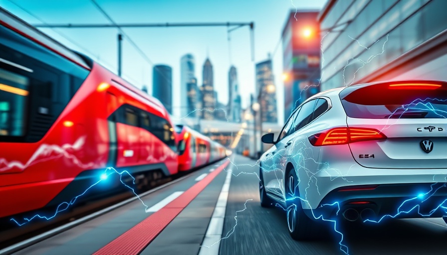 Dynamic image of train and electric car symbolizing energy innovation.