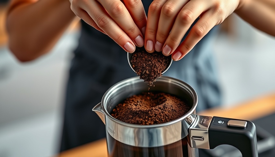 Hands preparing coffee with ground coffee in modern kitchen.