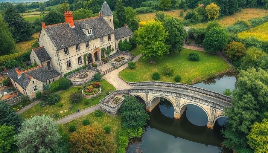 Historic medieval monastery for sale with lush grounds and stone bridge.
