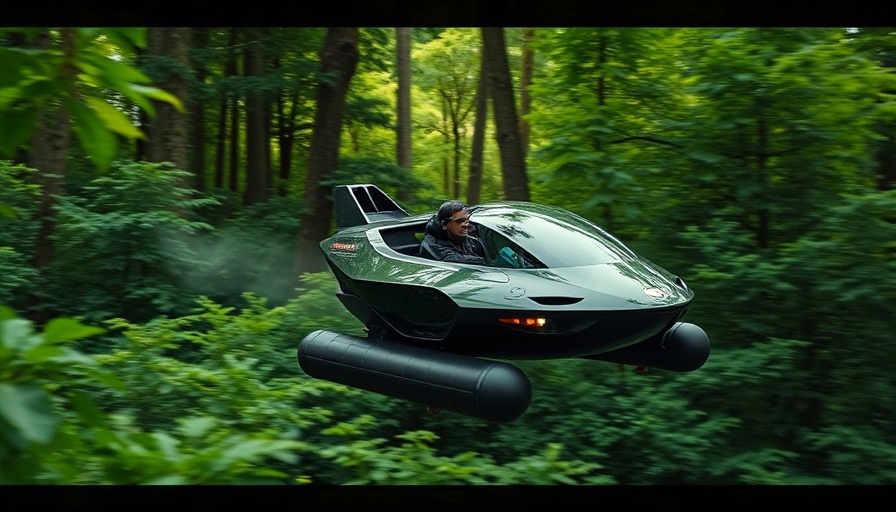 Small inventions with big power: futuristic flying hovercraft in forest.