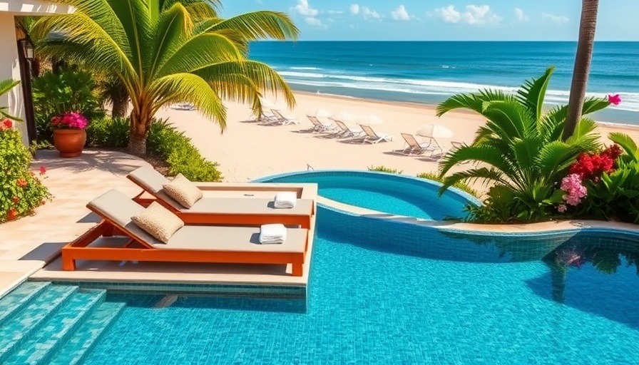 Luxurious beachside pool with loungers and vibrant greenery.
