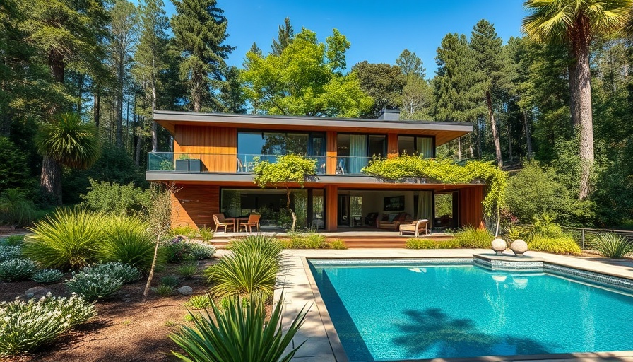 Modern home design with greenery and pool in lush landscape