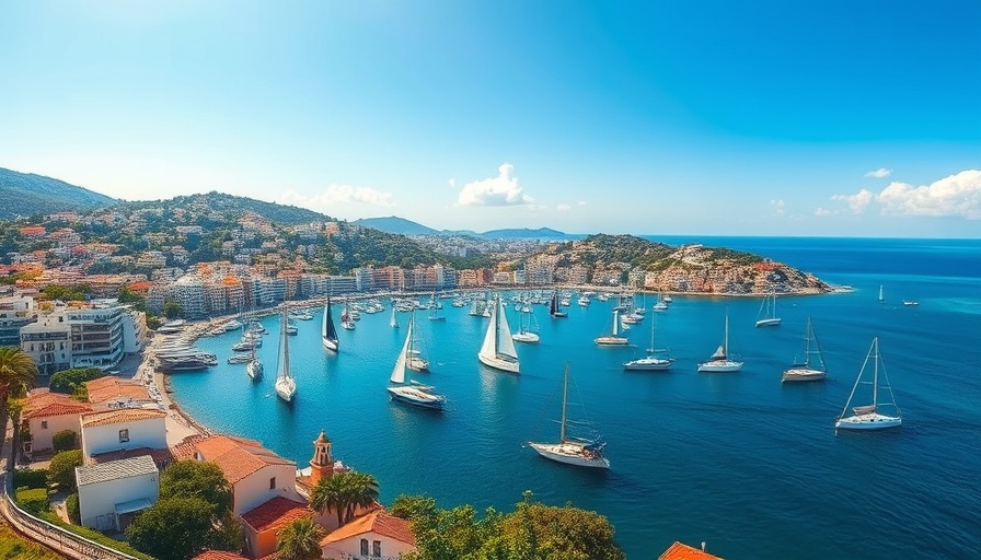 Vibrant coastal cityscape with bay and boats.