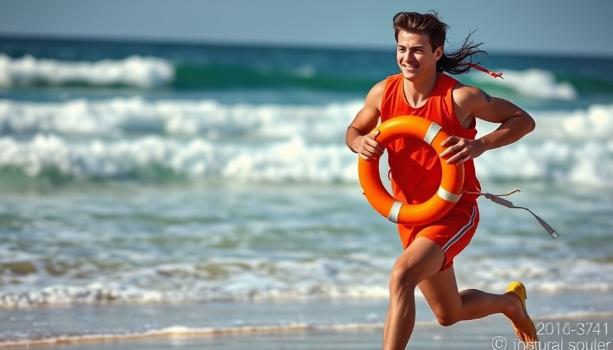 Lifeguard running with life preserver for rip current safety tips.