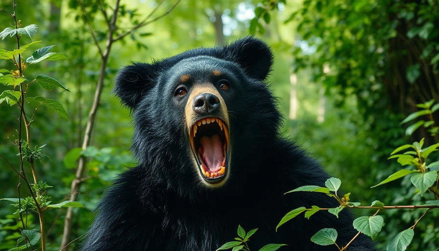 Bear encounters: person in bear costume in forest, surprised.