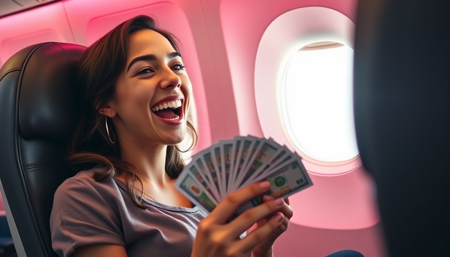 Excited woman in airplane seat with money, seat swap deals in air travel.