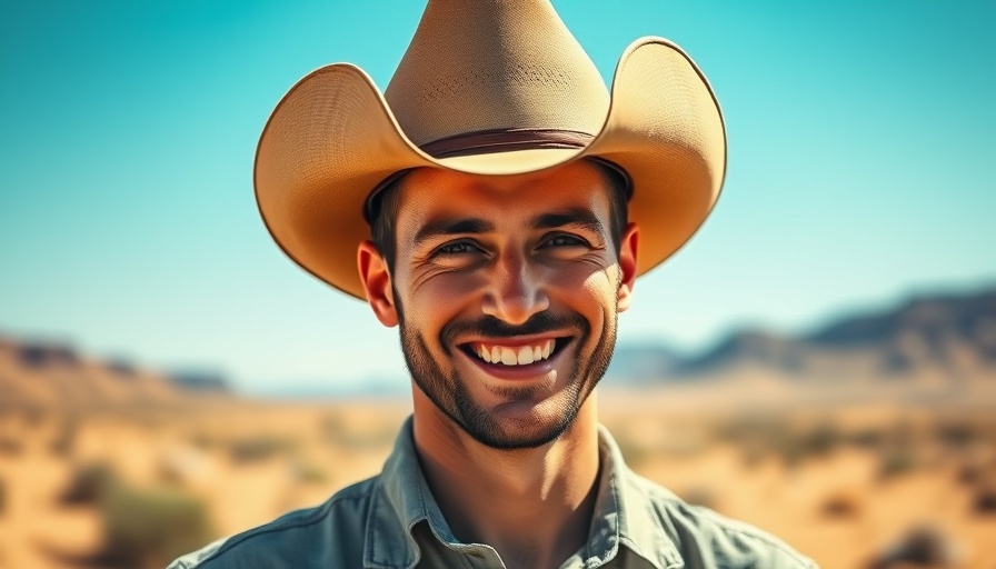 Young man in cowboy hat smiling confidently in desert setting.