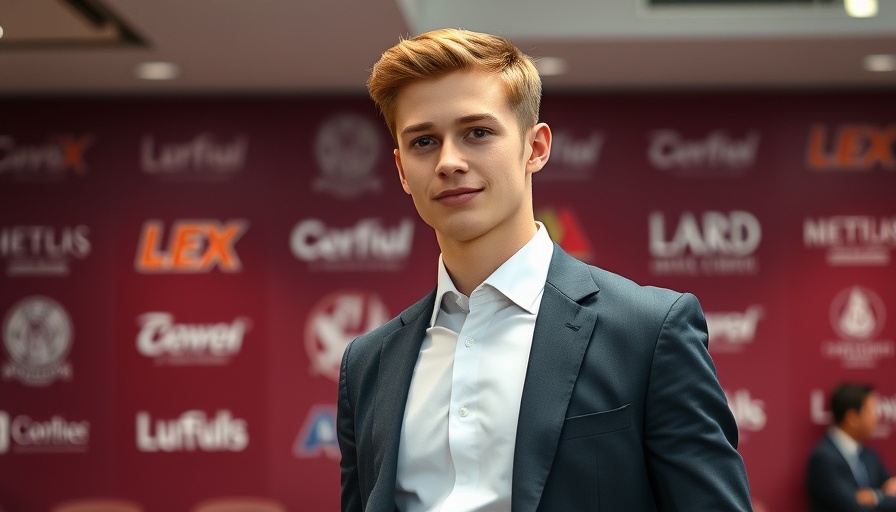 Young man at event with maroon backdrop including logos.