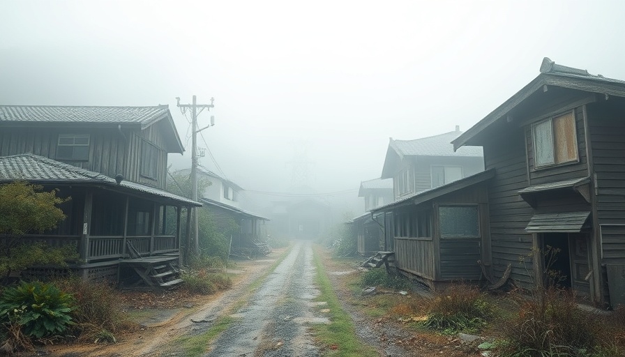Desolate ghost town Japan with decaying buildings and fog.