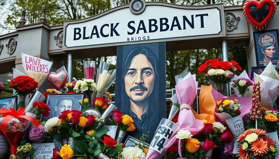 Floral tributes and portrait at Black Sabbath Bridge memorial.