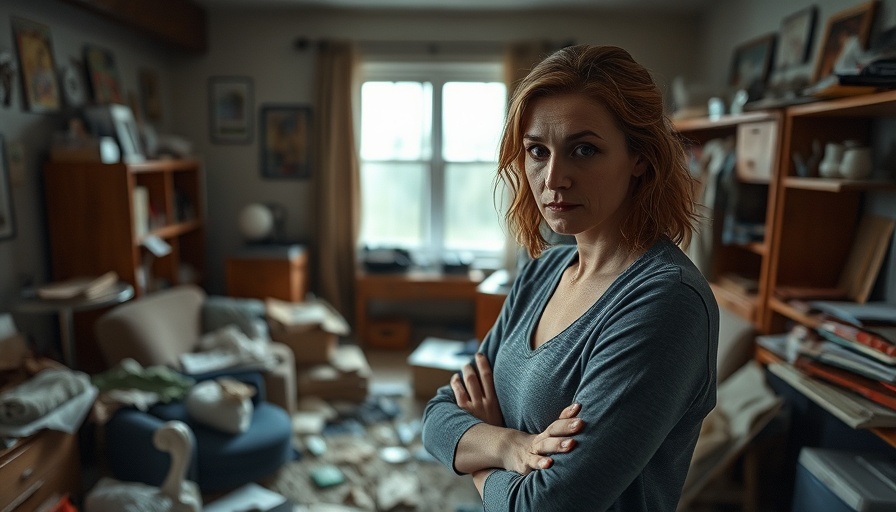Woman in cluttered room considering tidying for dopamine anchoring.