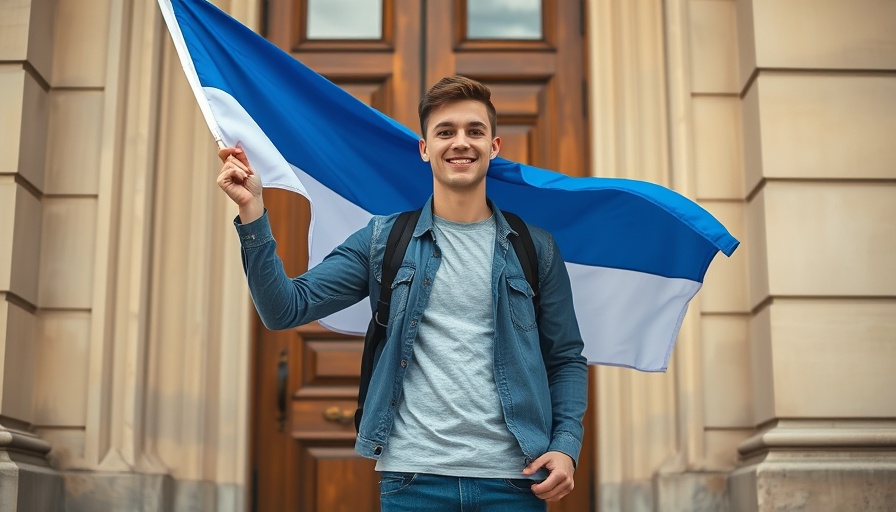 Young person holding a blue and white flag for Micro-Nation Experiment.