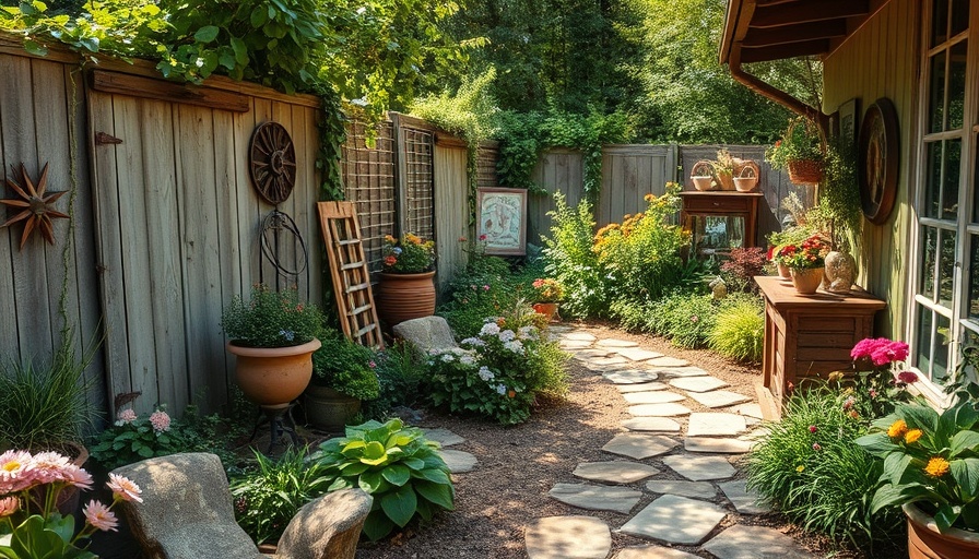 Vintage rustic garden with lush plants and recycled materials.