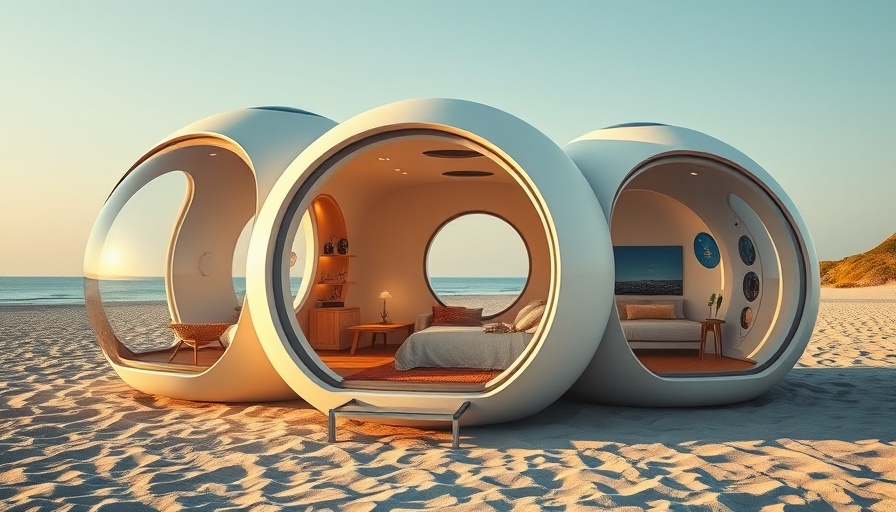 Futuristic spherical camping pods showcasing smart camping inventions on a beach.