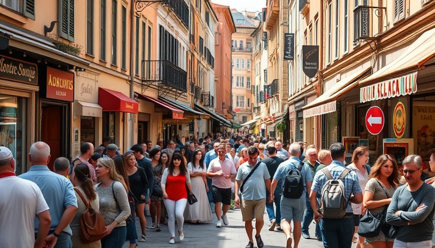 Bustling summer street scene with crowds, highlighting crush-and-grab pickpocket schemes setting.