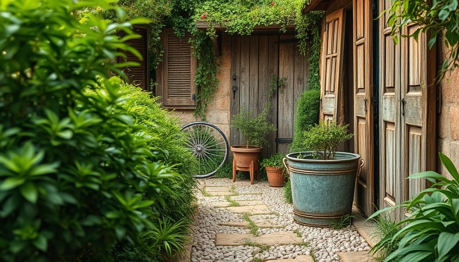 Charming vintage rustic gardens with lush greenery and stone path.