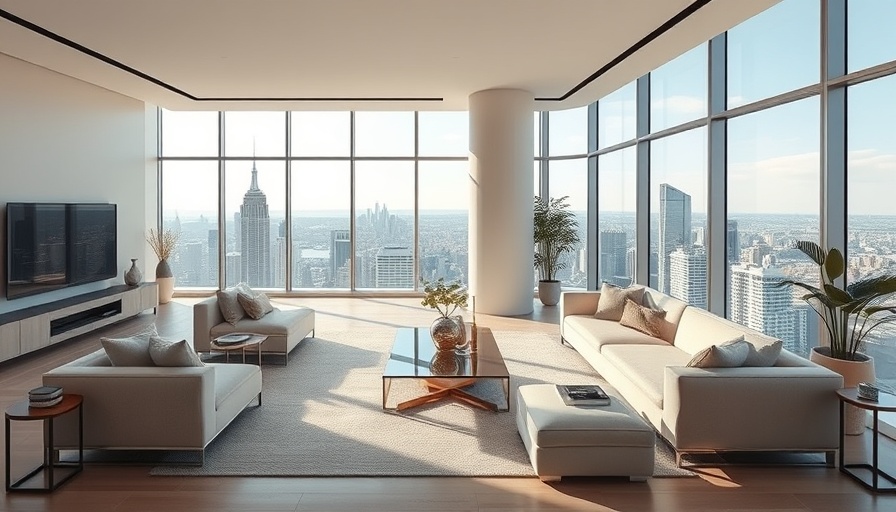 Liam Neeson Manhattan penthouse living room with city view.