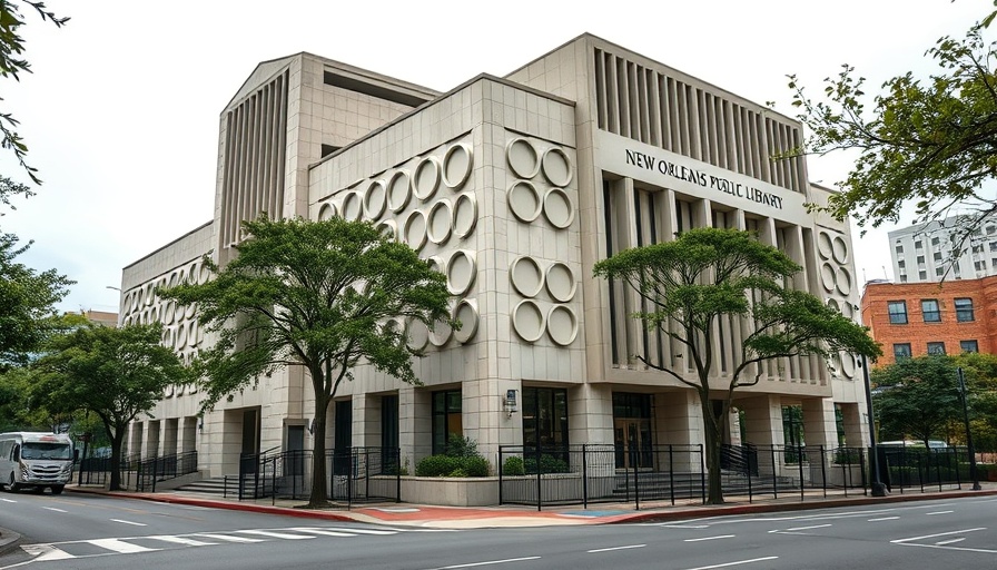Modern New Orleans Public Library building with artistic facade.
