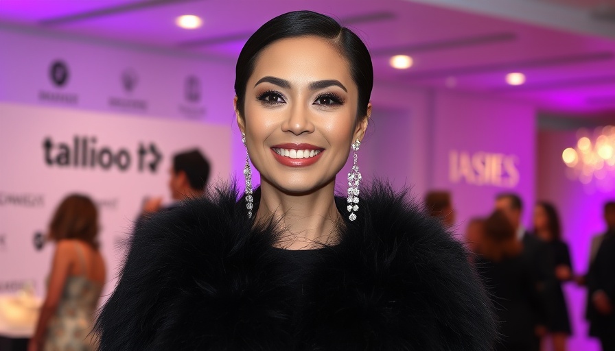 Elegant woman at fashion event, smiling in fur-trimmed attire