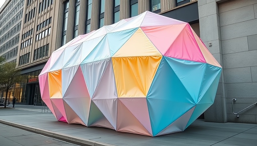 Colorful inflatable installation on a building facade demonstrating sustainable design.