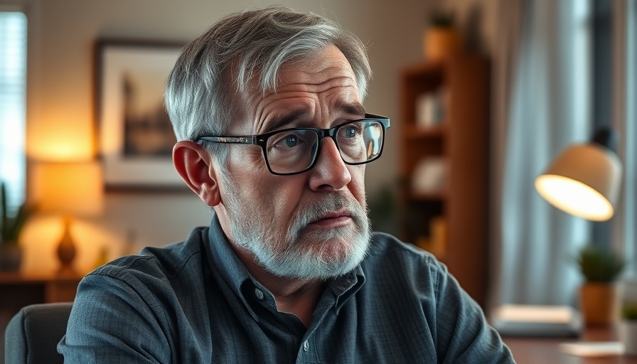 Older man in home office with a worried look, retirement worries.