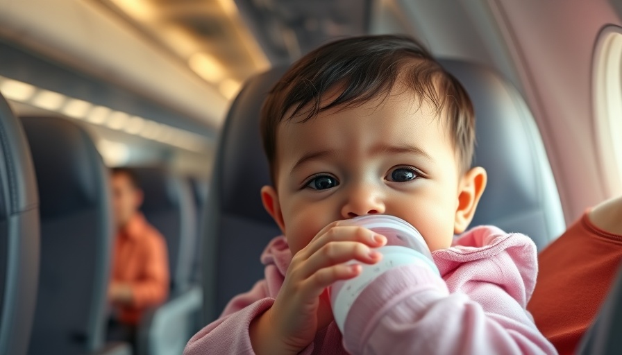 Baby drinking bottle on airplane during solo vacation for new dad.