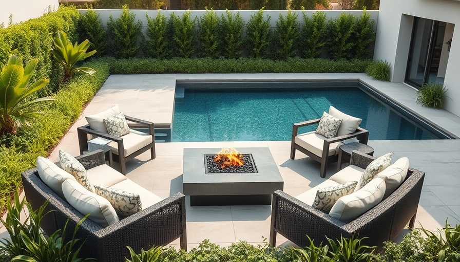 Modern outdoor space design with pool and fire pit in small backyard.