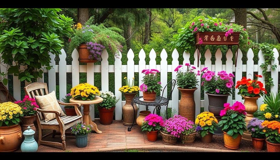 Vintage rustic garden with upcycled furniture and colorful flowers.