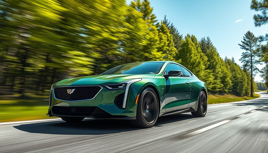 Green electric Cadillac Blackwing driving on a forest road