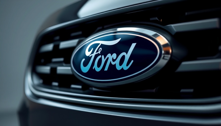 Close-up of Ford emblem on grille, highlighting Ford Universal EV Production System