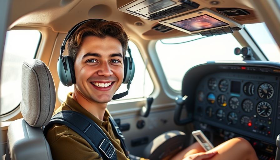 American teen pilot smiling in aircraft cockpit, natural daylight.