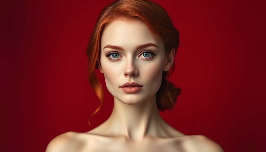 Elegant woman with red hair and serene expression against red background.