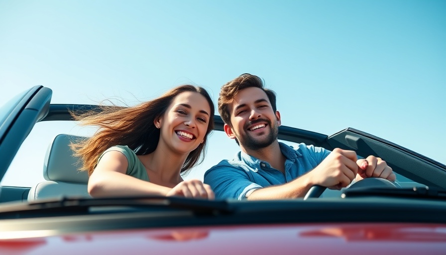 Young couple enjoying a drive in a convertible, highlighting car care.