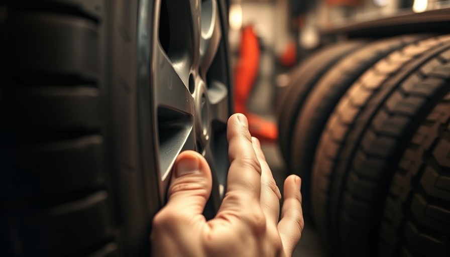 Hands inspecting car tire for post-winter tire care in garage.