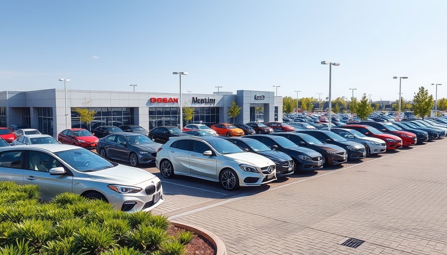 Modern dealership with rows of used cars for sale.