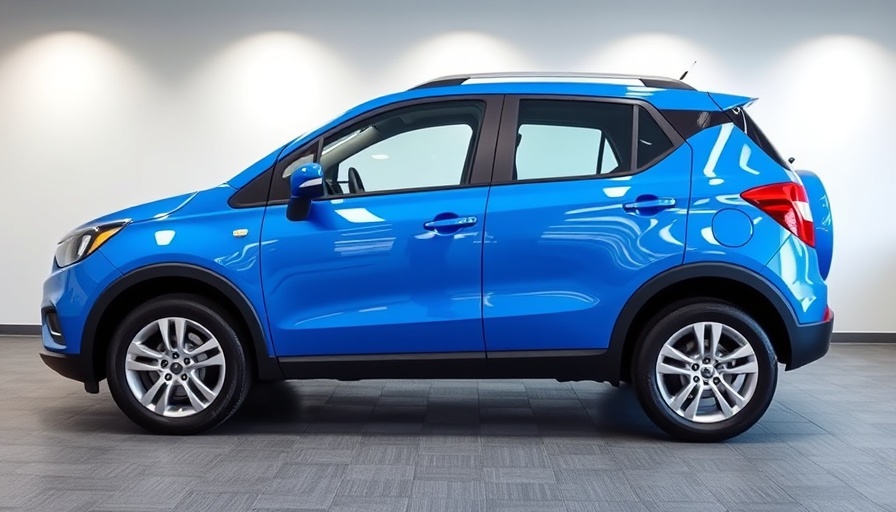 Bright blue compact SUV in a showroom, ideal to buy used cars.