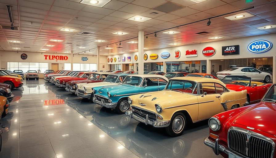 Classic cars in a vintage showroom, buy used cars.